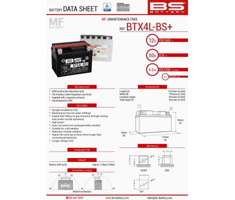 Батарея акумуляторна BS 12V 4AH (113X70X85)