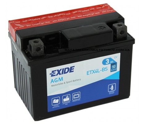 Батарея акумуляторна Exide AGM 3Ah 50A, (YTX4L-BS, YB4L-A/B, YT4L-BS, YTZ5S)